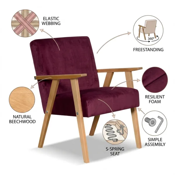 Zestaw wypoczynkowy sofa 2-os 2 fotele burgund welur Soler Family Meble — detale