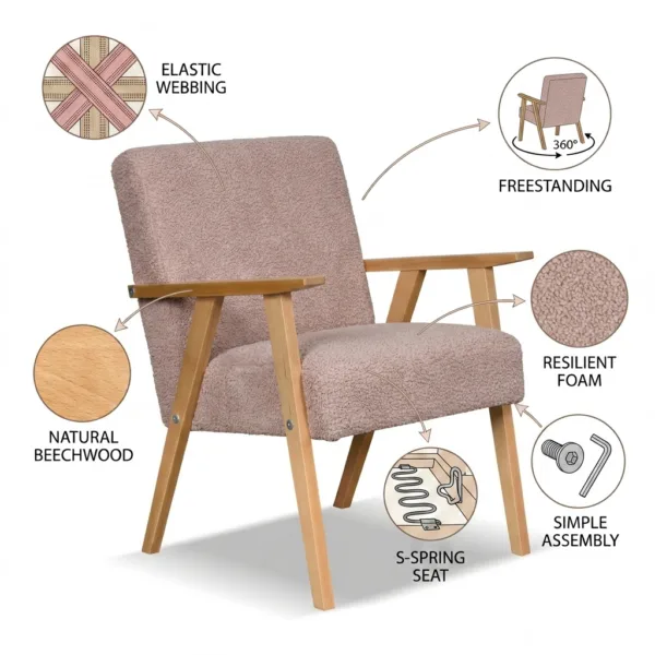 Zestaw wypoczynkowy sofa 2-os 2 fotele retro vintage Boucla pudrowy Soler — detale
