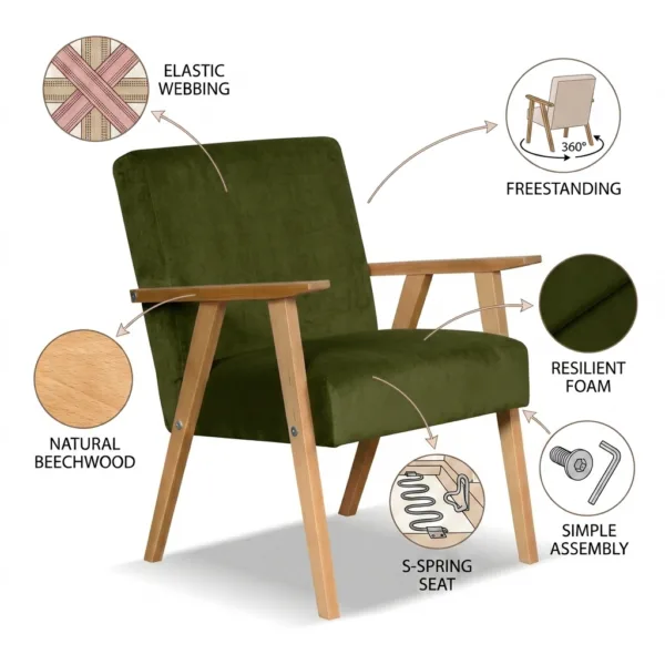 Zestaw wypoczynkowy sofa 2-os 2 fotele zielony khaki Soler Family Meble — detale
