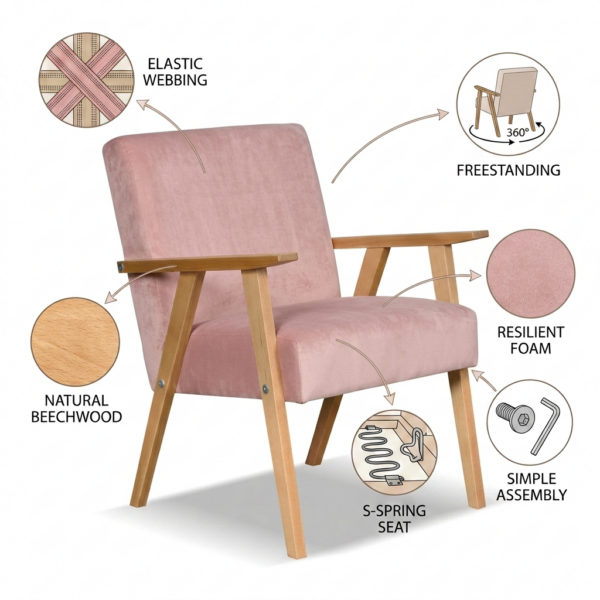 Zestaw wypoczynkowy sofa 2-os 2 fotele retro vintage różowy Soler Family — detale