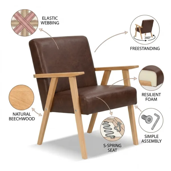 Zestaw wypoczynkowy sofa 2-os 2 fotele retro vintage ekoskóra brązowy Soler — detale