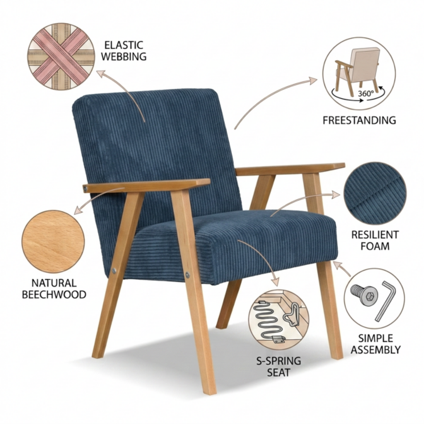 Zestaw wypoczynkowy sofa 2-os 2 fotele welur granatowy Soler Family Meble — detale