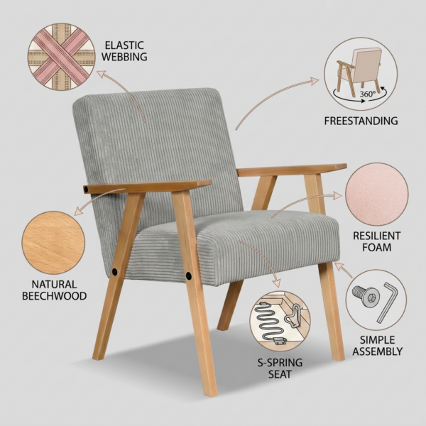 Zestaw wypoczynkowy sofa 2-os 2 fotele retro vintage welur szary Soler — detale