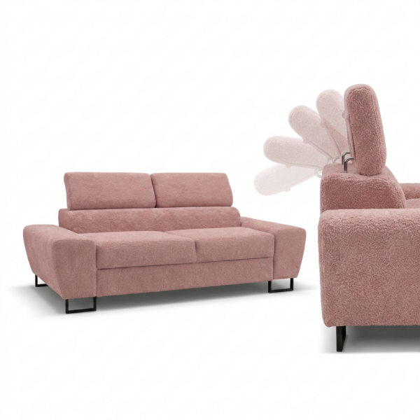 Kanapa sofa rozkładana f spania reg zagłówek welur różowy Savio 2 os Family — detale