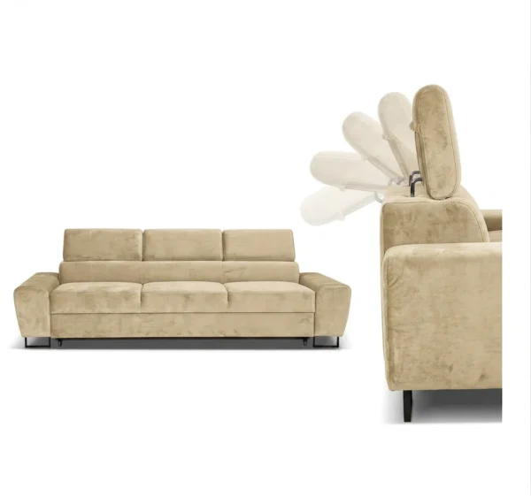Kanapa sofa rozkładana f spania reg zagłówek tapicerowana beż Savio 3 os — detale