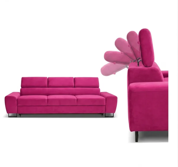 Kanapa sofa rozkładana f spania reg zagłówek różowy Savio 3 os Family Meble — detale