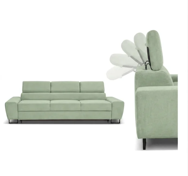 Kanapa sofa rozkładana f spania reg zagłówek pistacjowy Savio 3 os Family — detale