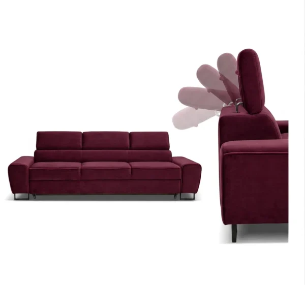 Kanapa sofa rozkładana f spania reg zagłówek burgund Savio 3 os Family — detale