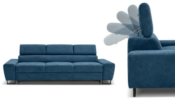 Kanapa sofa rozkładana f spania reg zagłówek niebieski Savio 3 os Family — detale