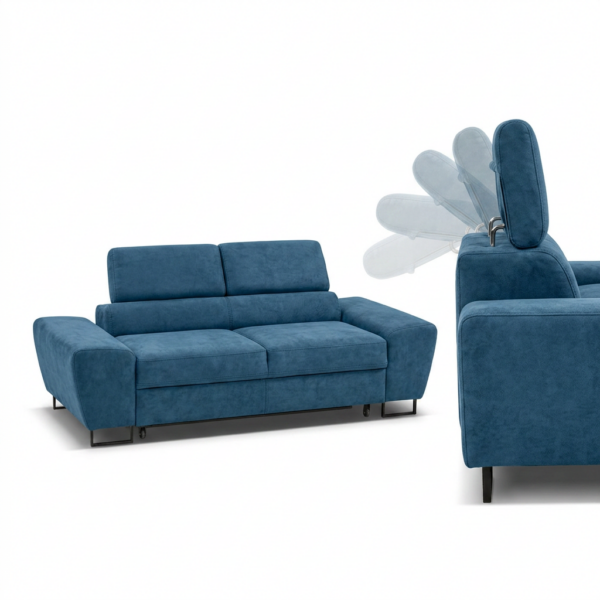 Kanapa sofa rozkładana f spania reg zagłówek welur niebieski Savio 2 os — detale