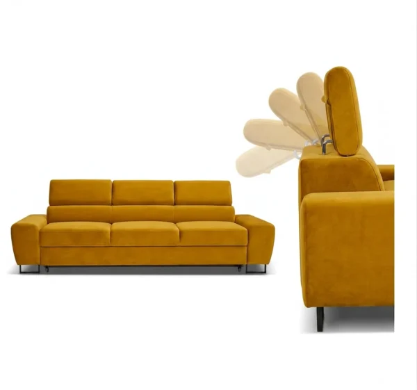 Kanapa sofa rozkładana f spania reg zagłówek welurowy żółty Savio 3 os — detale