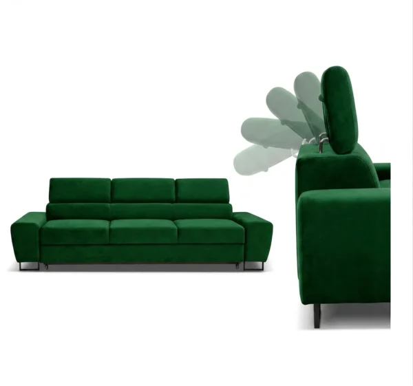 Kanapa sofa rozkładana f spania reg zagłówek welur zielony Savio 3 os — detale