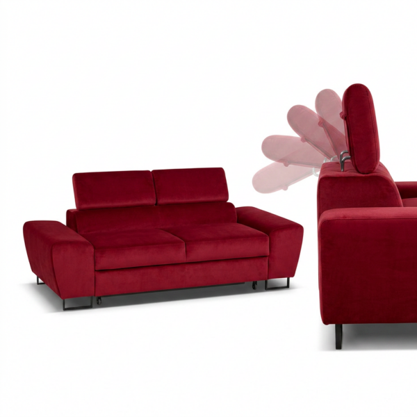 Kanapa sofa rozkładana f spania reg zagłówek welur czerwony Savio 2 os — detale