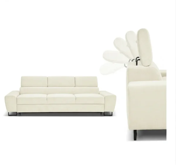 Kanapa sofa rozkładana f spania reg zagłówek welur beżowy Savio 3 os Family — detale