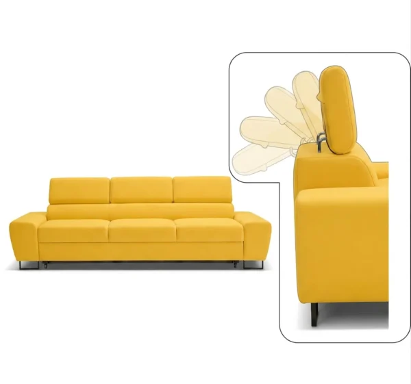 Kanapa sofa rozkładana f spania reg zagłówek welur żółty Savio 3 os Family — detale