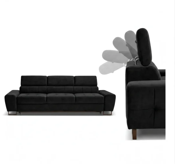Kanapa sofa rozkładana f spania reg zagłówek welur czarny Savio Family — detale