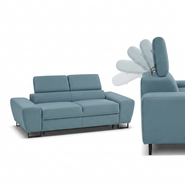 Kanapa sofa rozkładana f spania reg zagłówek welur niebieski Savio 2 os — detale