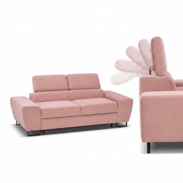 Kanapa sofa rozkładana f spania reg zagłówek różowy Savio 2 os Family Meble — detale