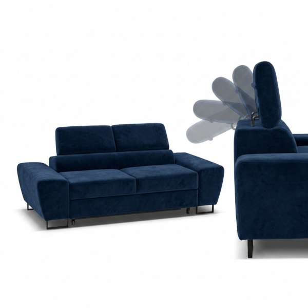 Kanapa sofa rozkładana f spania reg zagłówek welur niebieski Savio 2 os — detale