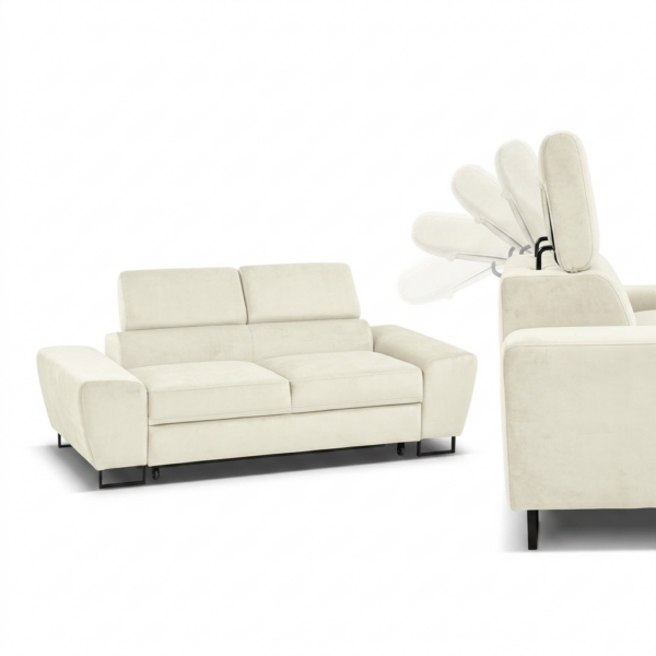 Kanapa sofa rozkładana f spania reg zagłówek welur kremowy Savio 2 os — detale