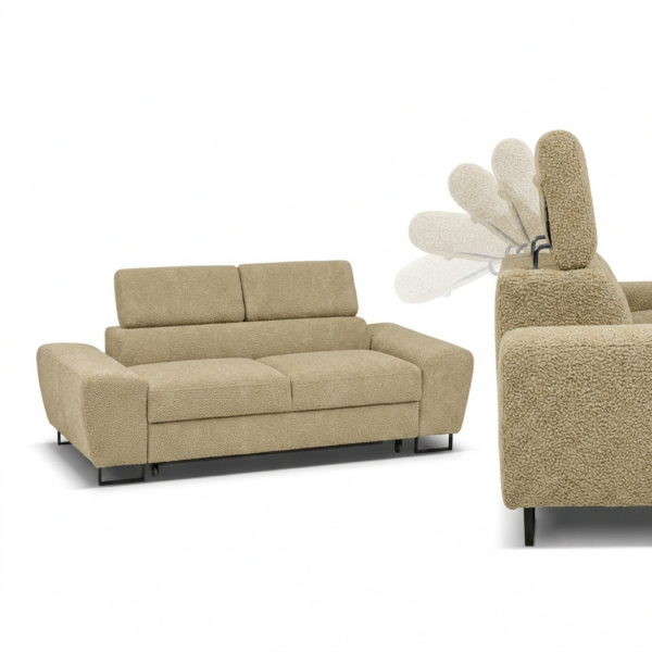 Kanapa sofa rozkładana f spania reg zagłówek Boucla beż Savio 2 os Family — detale