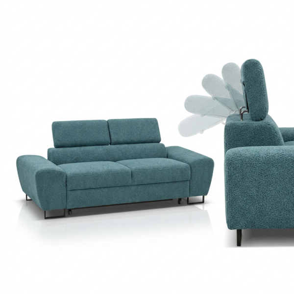Kanapa sofa rozkładana f spania reg zagłówek Boucla niebieski Savio 2 os — detale