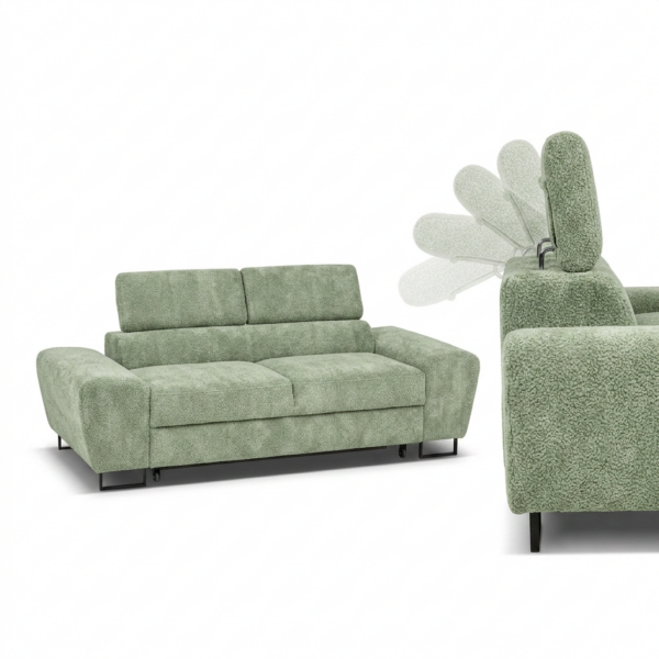 Kanapa sofa rozkładana f spania reg zagłówek Boucla miętowy Savio 2 os — detale