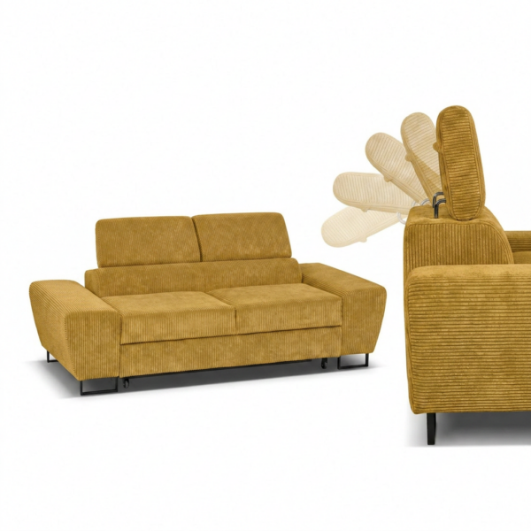 Kanapa sofa rozkładana f spania reg zagłówek welur musztardowy Savio 2 os — detale