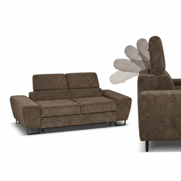 Kanapa sofa rozkładana f spania reg zagłówek sztruks brązowy Savio 2 os — detale