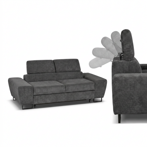 Kanapa sofa rozkładana f spania reg zagłówek sztruks czarny Savio 2 os — detale
