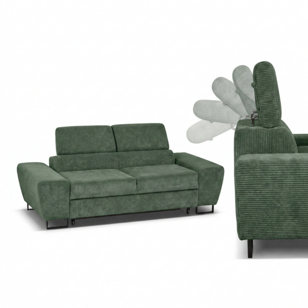 Kanapa sofa rozkładana f spania reg zagłówek sztruks butelkowa zieleń Savio — detale