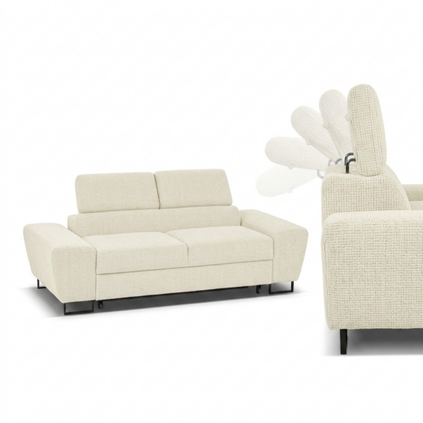 Kanapa sofa rozkładana f spania reg zagłówek szenil welur beż Savio 2 os — detale