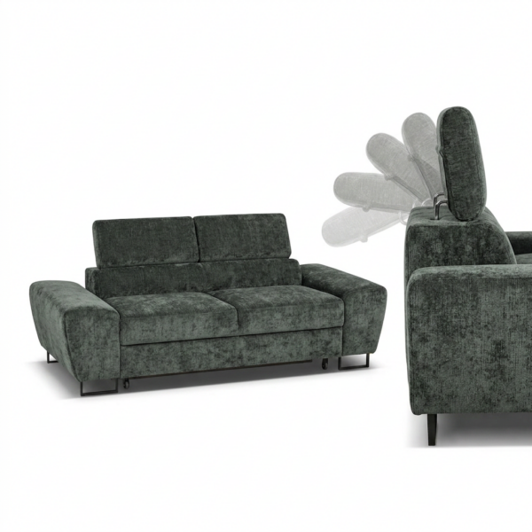 Kanapa sofa rozkładana f spania reg zagłówek szenil welur szary Savio 2 os — detale