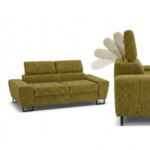Kanapa sofa rozkładana f spania reg zagłówek szenil zielony Savio 2 Family — detale