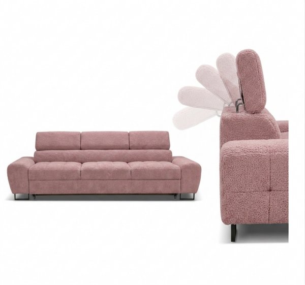 Kanapa sofa rozkładana f spania reg zagłówek welur różowy Savio 3 os Family — detale