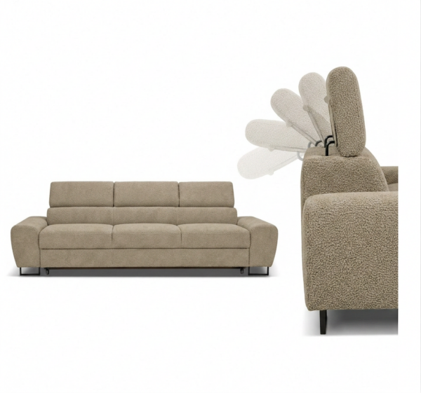 Kanapa sofa rozkładana f spania reg zagłówek beż Boucla Savio 3 os Family — detale