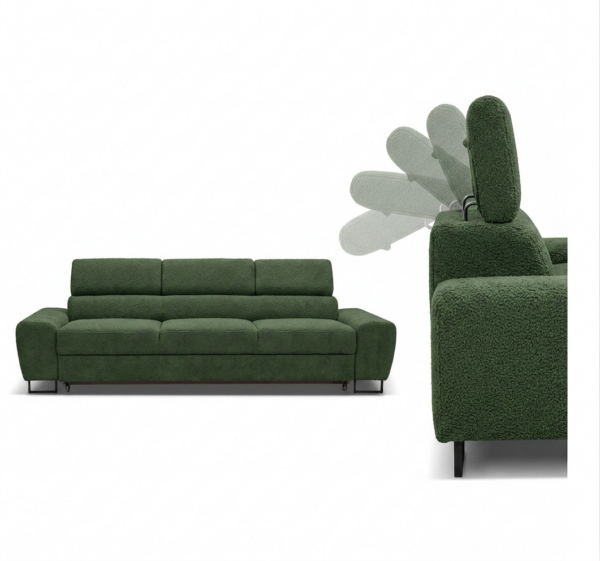 Kanapa sofa rozkładana f spania reg zagłówek zielony Savio 3 os Family — detale