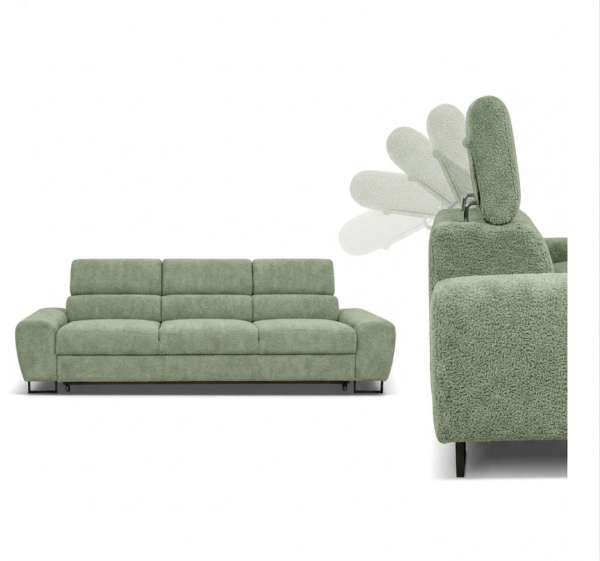 Kanapa sofa rozkładana f spania reg zagłówek Boucla miętowy Savio 3 os — detale