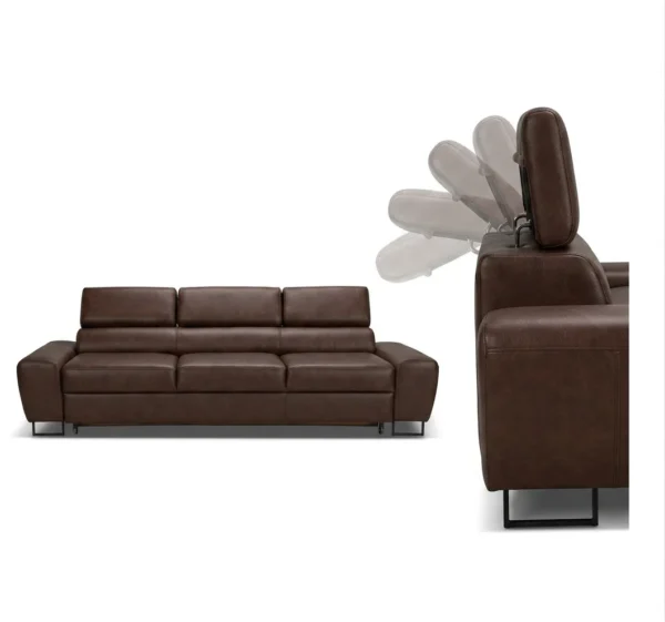Kanapa sofa rozkładana f spania reg zagłówek ekoskóra brąz Savio Family — detale