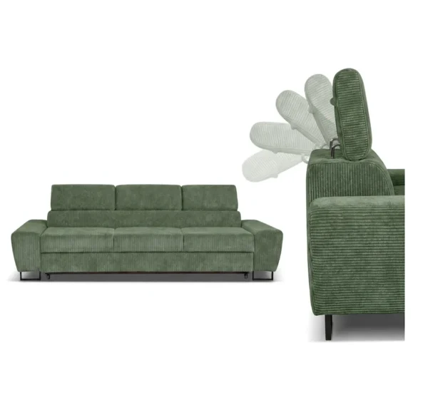 Kanapa sofa rozkładana f spania reg zagłówek sztruks butelkowa zieleń Savio — detale