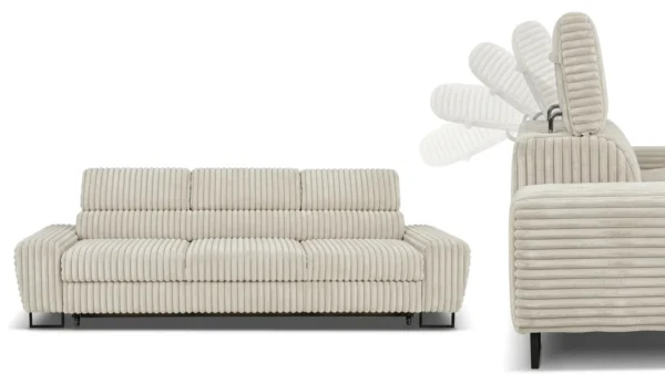 Kanapa sofa rozkładana f spania reg zagłówek sztruks beż Savio Family Meble — detale