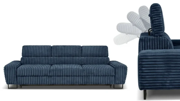 Kanapa sofa rozkładana f spania reg zagłówek sztruks granatowy Savio 3 os — detale