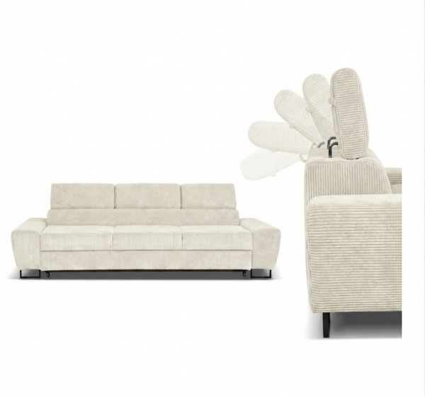 Kanapa sofa rozkładana f spania reg zagłówek welur beż Savio 3 os Family — detale