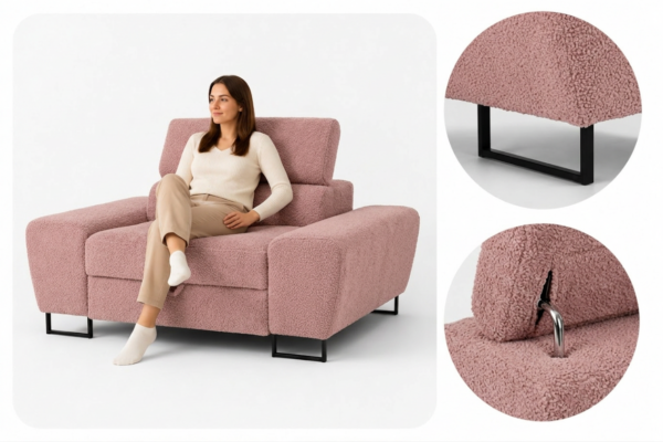 Zestaw wypoczynkowy sofa 2 fotele różowy welur salonu Savio Family Meble — detale