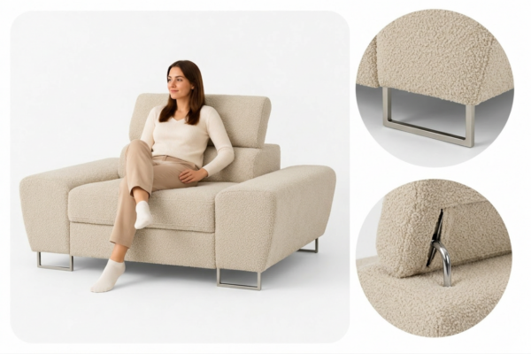 Zestaw wypoczynkowy sofa 2 fotele beżowy welur salonu Savio Family Meble — detale