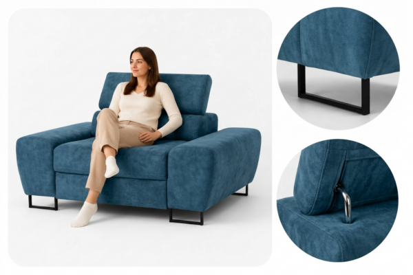 Zestaw wypoczynkowy sofa kanapa 2 fotele niebieski salon Savio Family Meble — detale