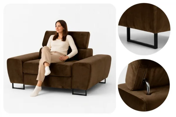 Zestaw wypoczynkowy sofa kanapa 2 fotele brązowy salonu Savio Family Meble — detale