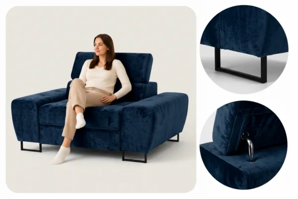 Zestaw wypoczynkowy sofa kanapa 2 fotele niebieski salon Savio Family Meble — detale
