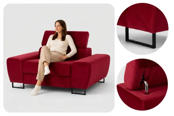 Zestaw wypoczynkowy sofa kanapa 2 fotele czerwony welur Savio Family Meble — detale