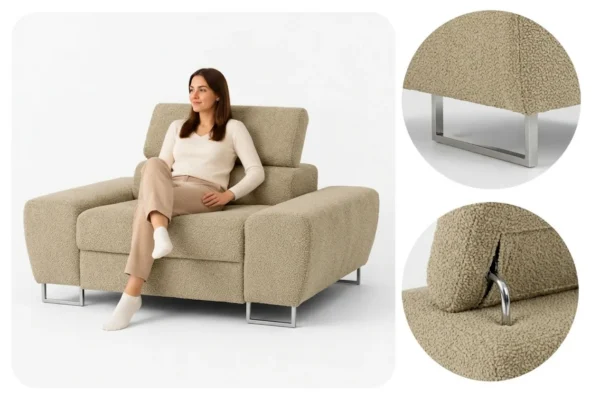 Zestaw wypoczynkowy sofa kanapa 2 fotele beżowy wygodny Savio Family Meble — detale